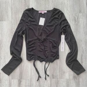 Women's S NWT Black Ruched Scrunch Tie V Neck Long Sleeve Top S